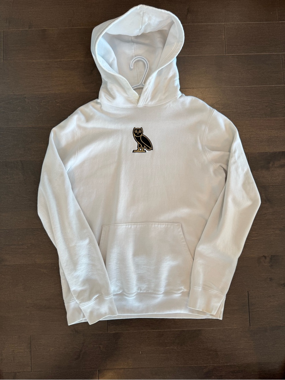 OVO White Crewneck Hoodie with Black & Gold Owl Patch
